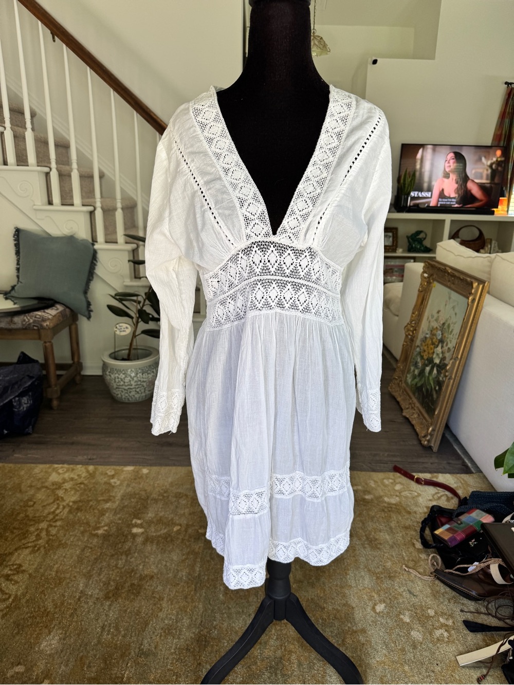 Y2K Cute Options Boho White Lace Cotton V-Neck Long Sleeve Dress